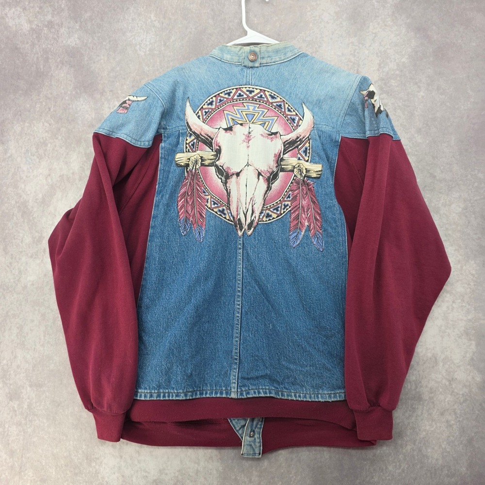 Vintage Jerzees Denim Fleece Cardigan Jacket 3X Steer Skull Western Burgundy USA